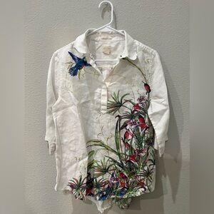 Chico's White Shirt with Colorful Floral and Bird Design